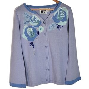 Storybook Knits Cardigan Sweater Women's Small Lavender Rose Floral Embroidered